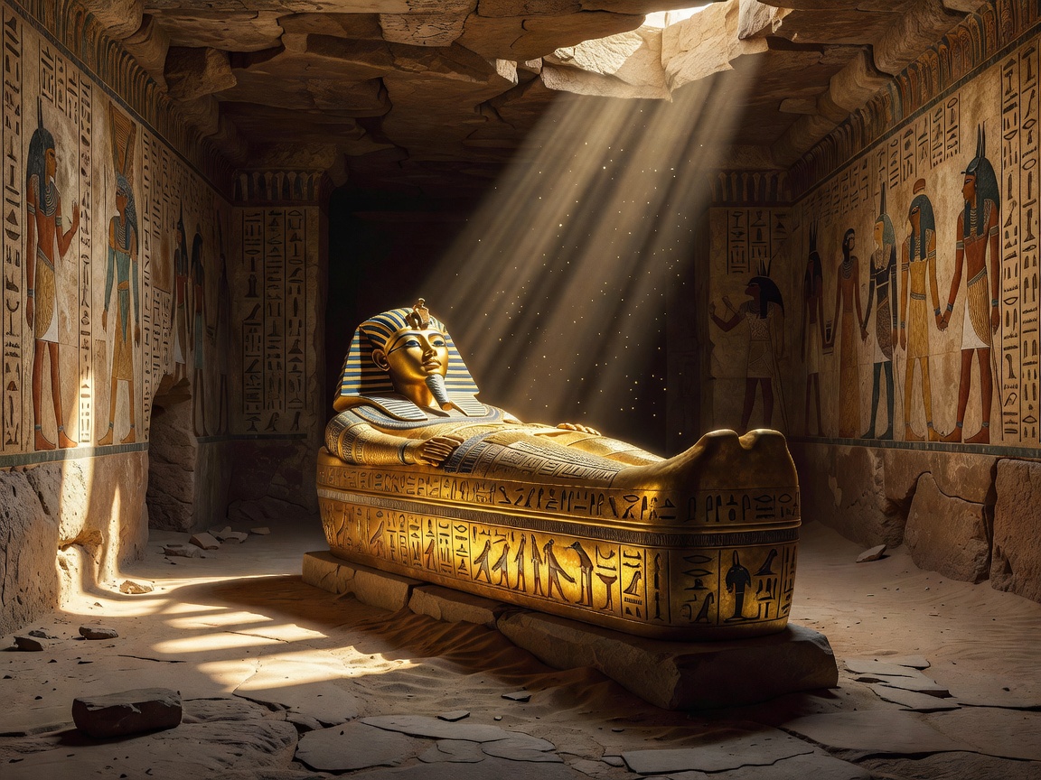 Cinematic Golden Sarcophagus of Pharaoh inside ancient tomb chamber