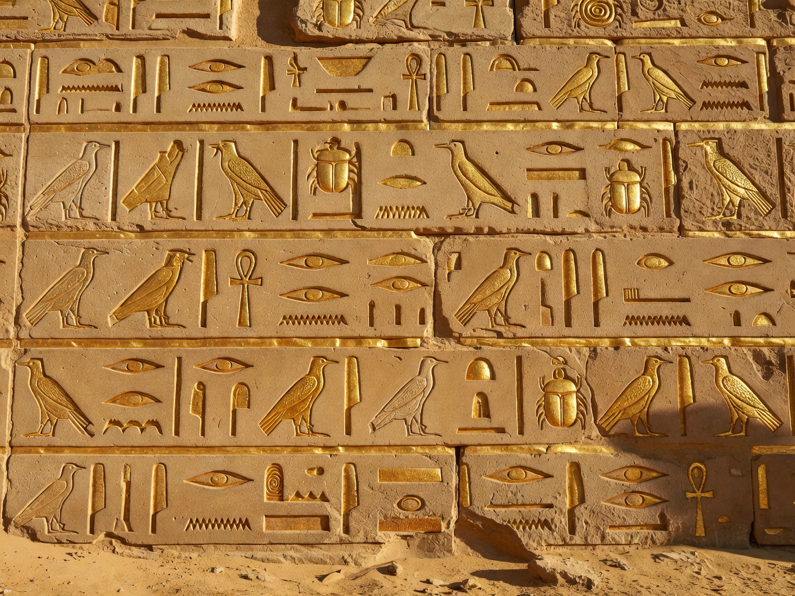 Detailed golden hieroglyphs carving on sand-stone wall