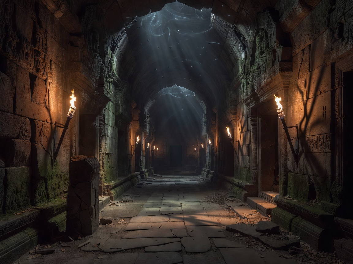 Eerie lighting inside an ancient temple complex corridor